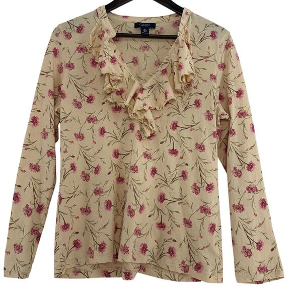 Chaps Ruffled T-Shirt Long Sleeve XL Peach Pink Floral Romantic Cottagecore Soft - Picture 1 of 4